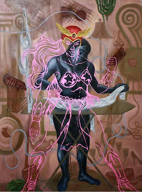 Ako si Darna — a dark figure ironing while a pink contour drawing of the superheroine Darna peels away from the body