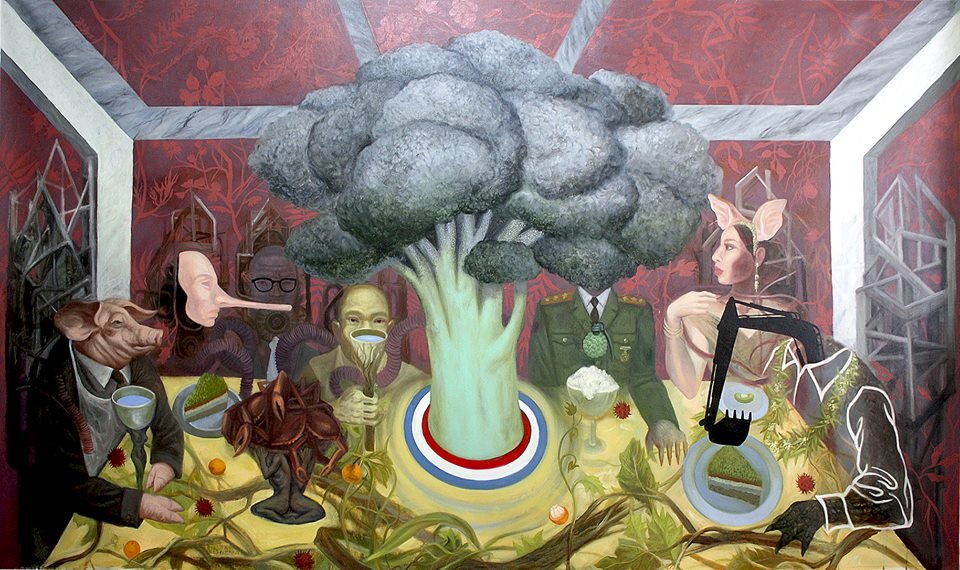 A banquet allegory — grotesque guests around a table with an enormous head of broccoli mounted as a centerpiece