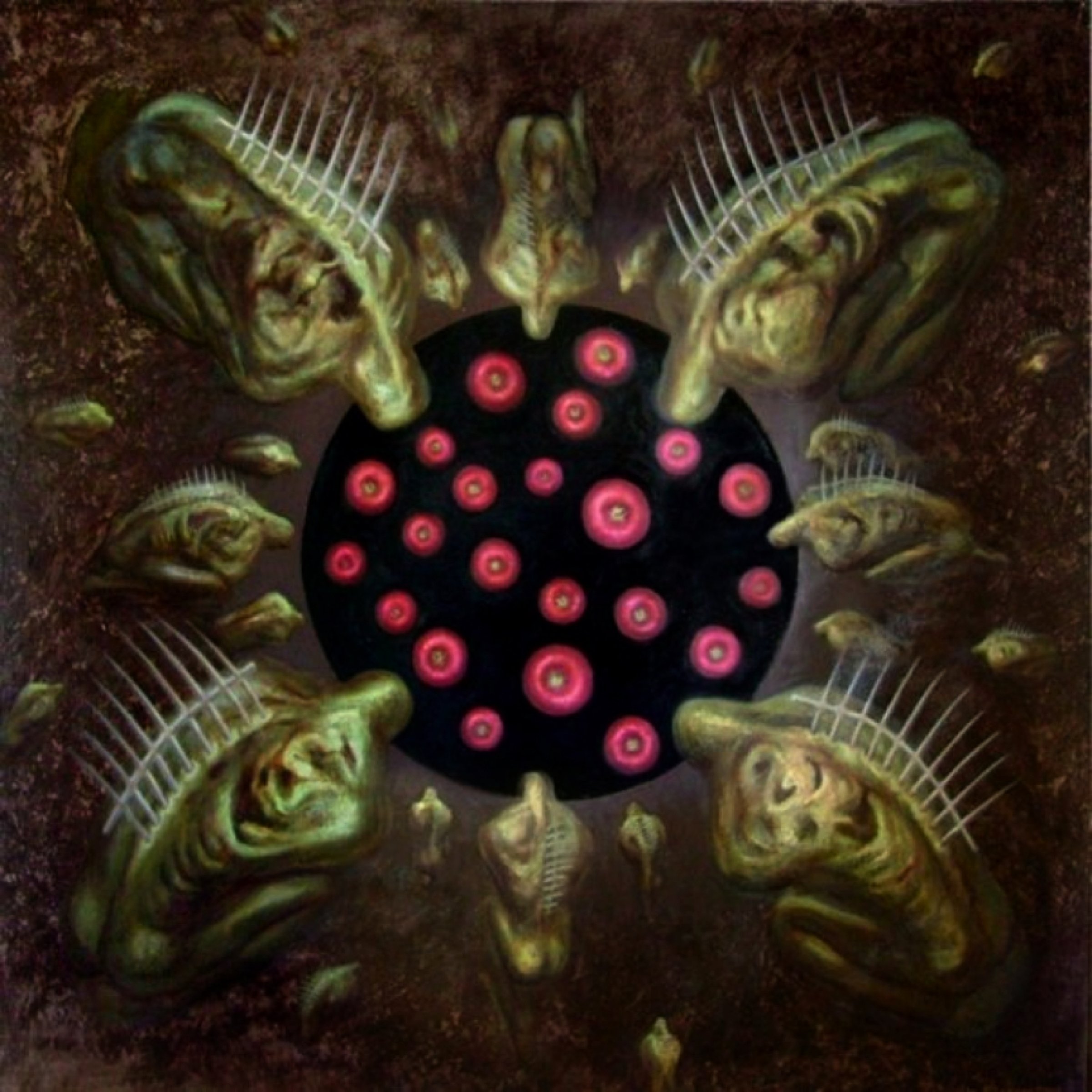 Diaspora — a radial mandala of contorted figures crowned with spines around a black void studded with pink ova