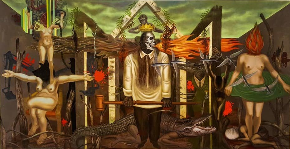 I See No One But Me — a skull-faced man in a white shirt holding a mallet, flanked by nude figures and crocodiles