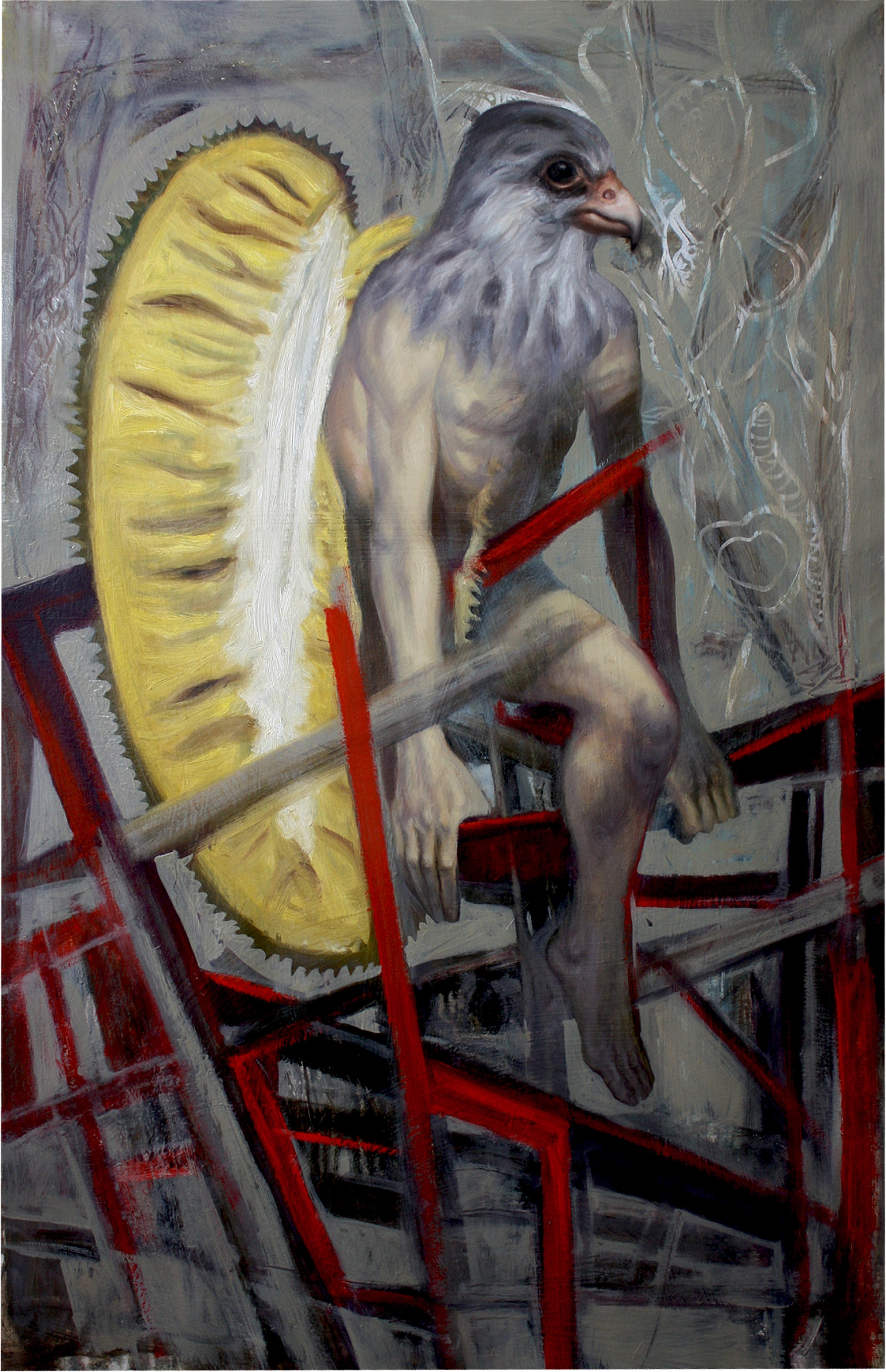 Igpaw — a kestrel-headed human figure perched on red scaffolding before a toothed golden gear