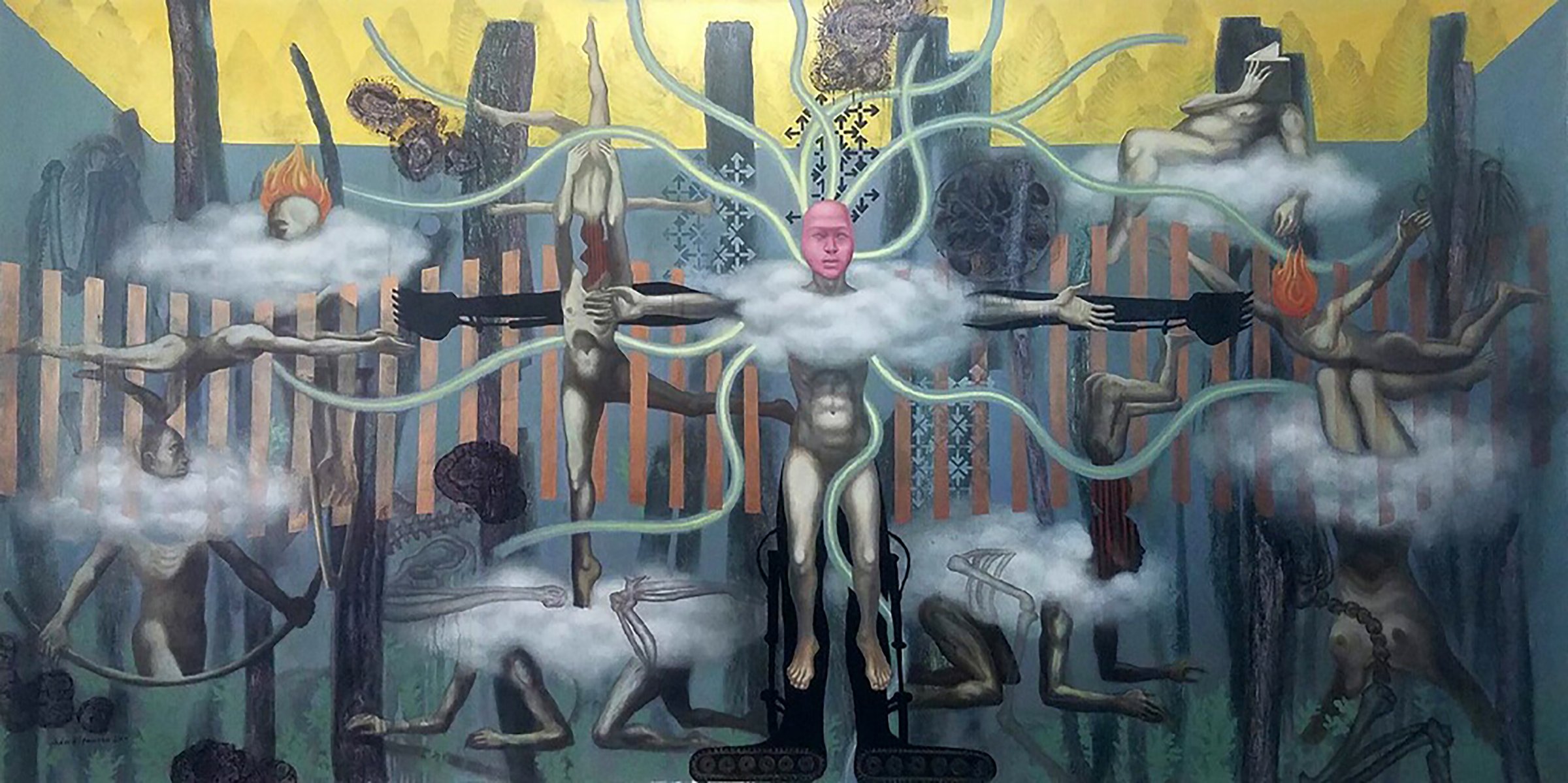 Inhabiting False Heavens — figures with clouds for heads connected by green tubes to a central figure on tank treads