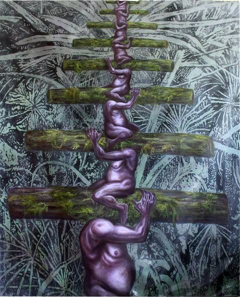 Kami-Kami lang, Amin-Amin lang — a column of violet figures climbing a mossy totem of crossbars