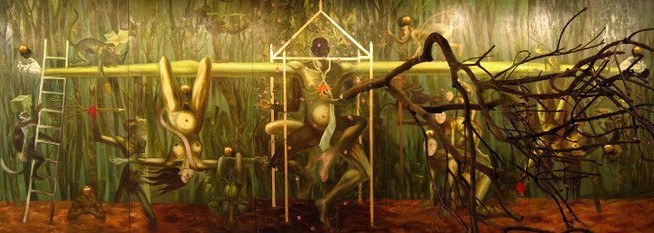 Memento Mori — a twenty-foot panoramic oil painting in green and bone tones by Jeho Bitancor