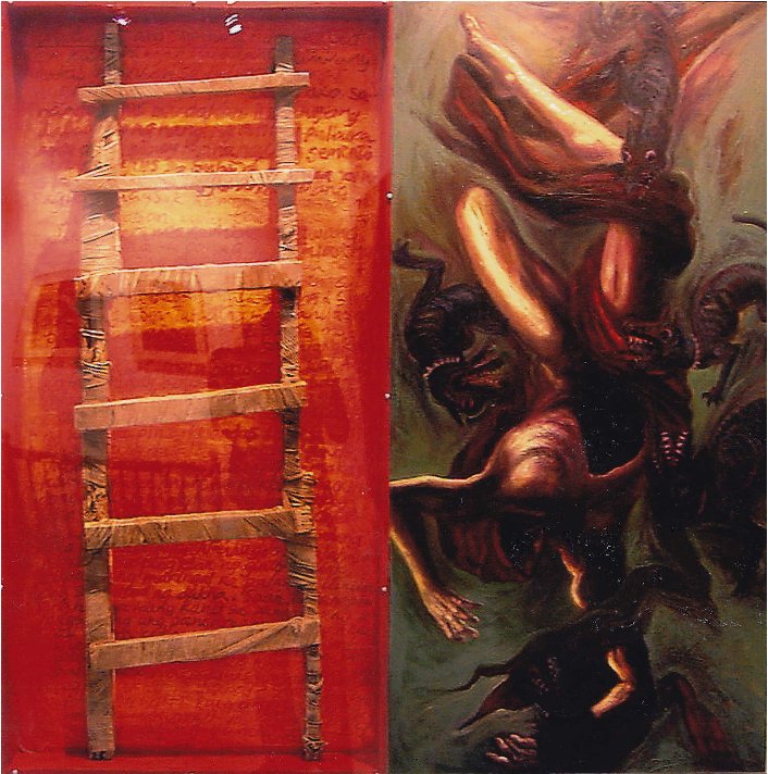 Nais kong tumulay sa Bahaghari — a red diptych with a bound ladder and a falling figure