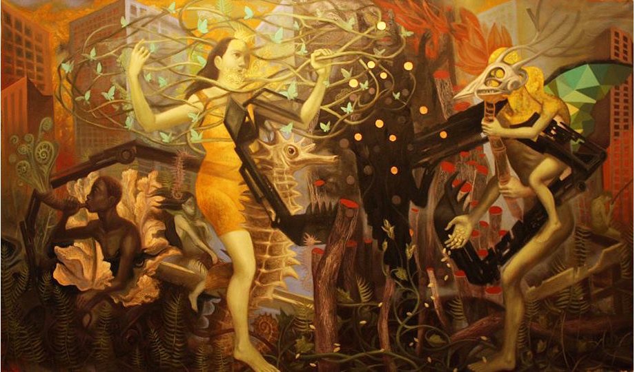Pagtutuos — a woman in a yellow dress and a skull-masked figure wielding machine guns amid a burning cityscape