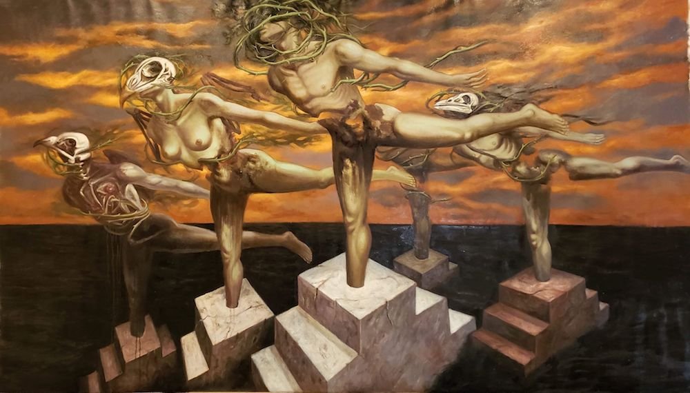 Plight No. 2 — golden figures crowned with bird skulls leaping across marble pedestals under an orange sky