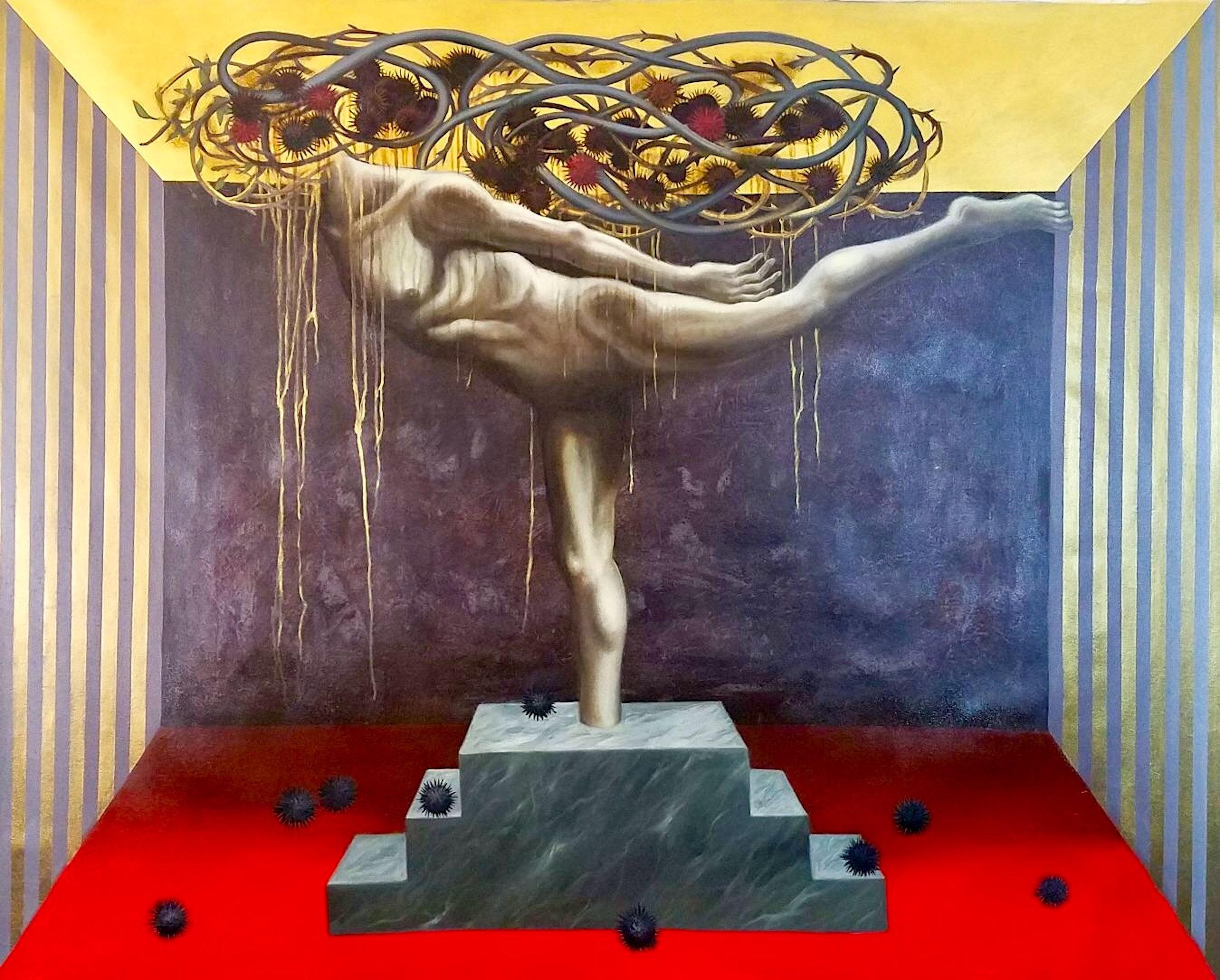 Plight — a single golden figure balancing horizontally on one leg atop a pedestal, gold paint dripping