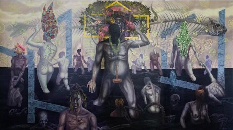 Polarity of Extremes — a central grey figure raising a mallet, surrounded by floating nudes, fish skeletons and blue beams