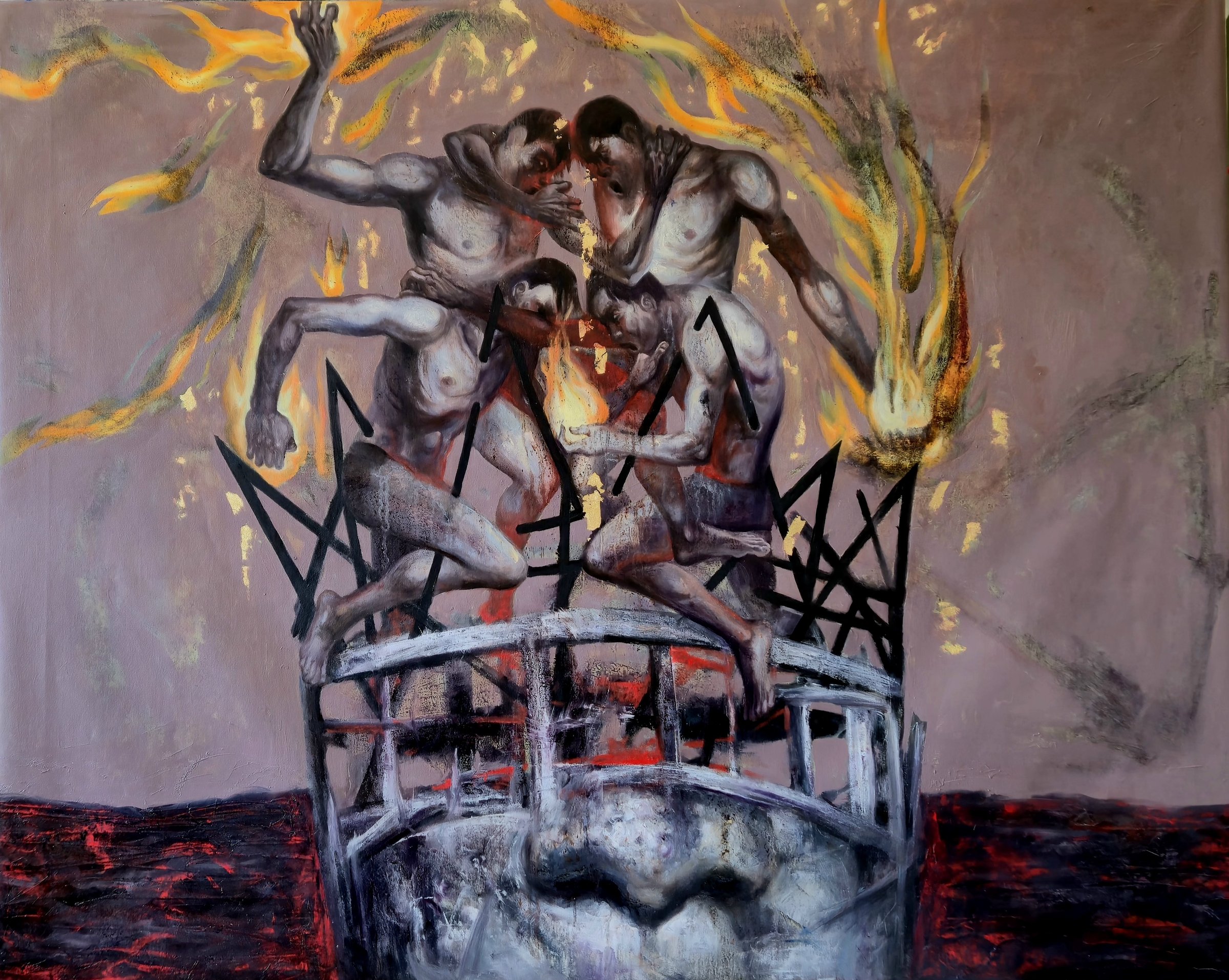 A recent 2025 canvas — four nude figures struggling atop a white skeletal birdcage dome, flames and gold leaf rising behind them