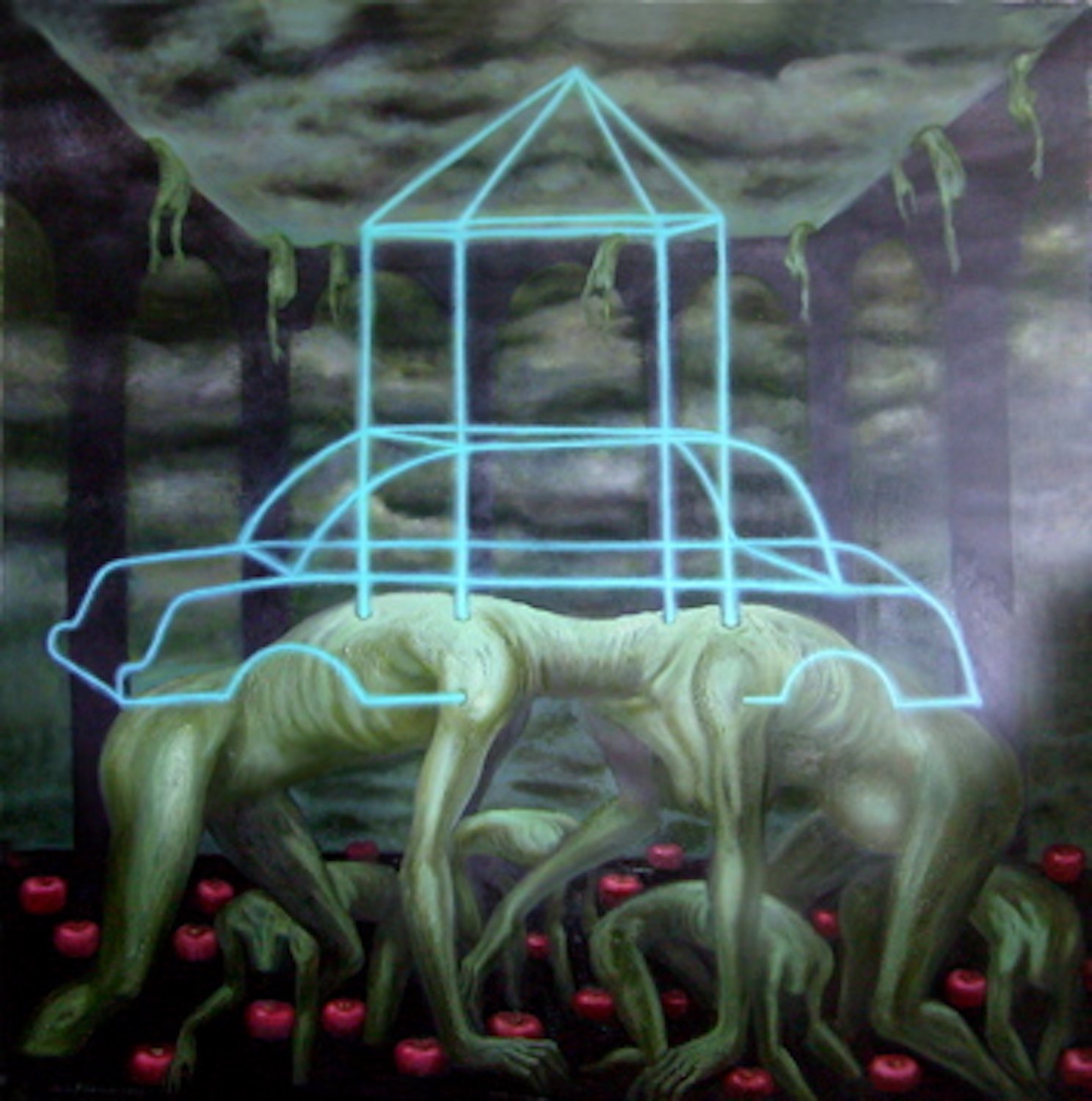 Trapped — pale green figures crawling beneath a blue neon outline of a car and house, among red apples