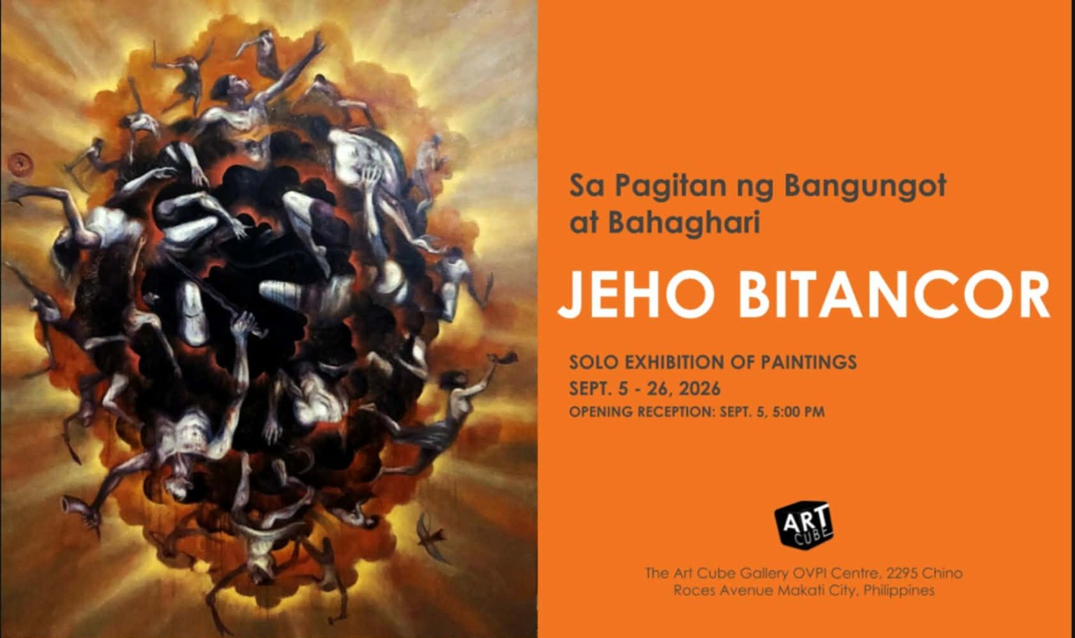 Invitation poster for Jeho Bitancor’s Sa Pagitan ng Bangungot at Bahaghari, Art Cube Gallery, September 5–26, 2026